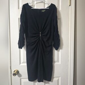 Tata Jolie Ruched Jersey Knit Black Fitted Mini Dress, Scoopneck, 3/4 Sleeves.